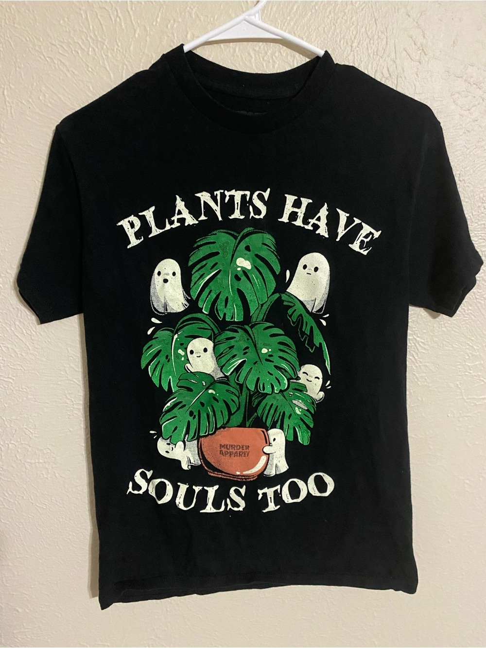 Spencer's Black Tee with Green Potted Plant & White Ghosts